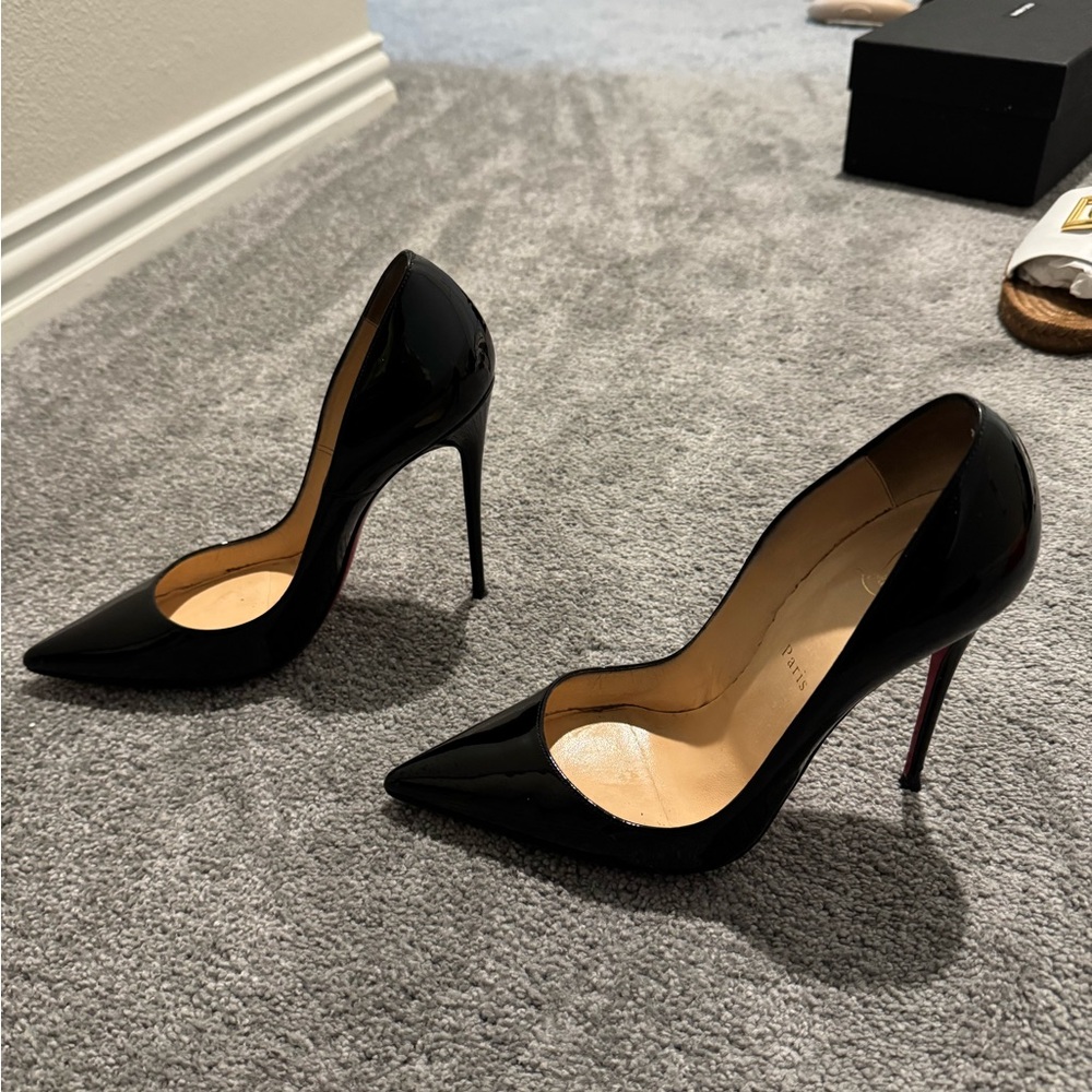 Christian Louboutin Black Patent Pointed-Toe Stiletto Pumps with Red Soles